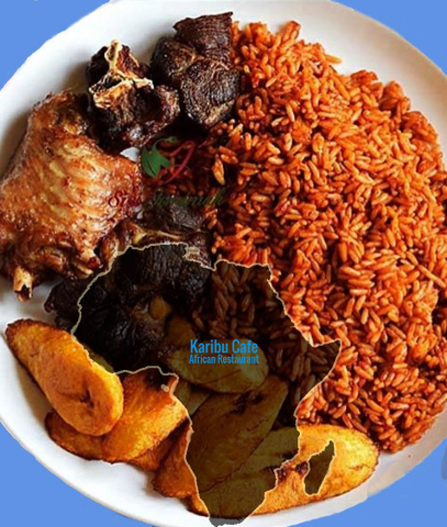 Jollof Rice with Karibu Symbol Collage